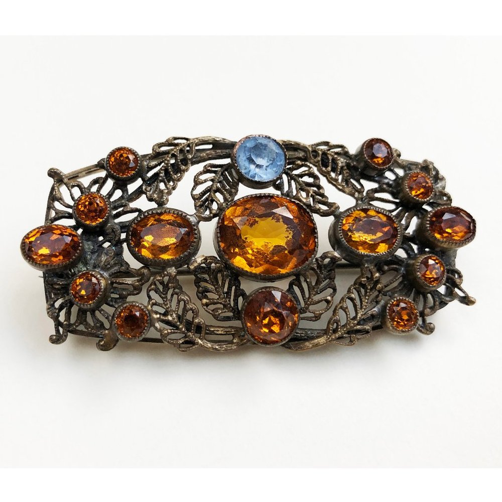 Large rhinestone brooch vintage, amber glass filigree leaf brooch pin